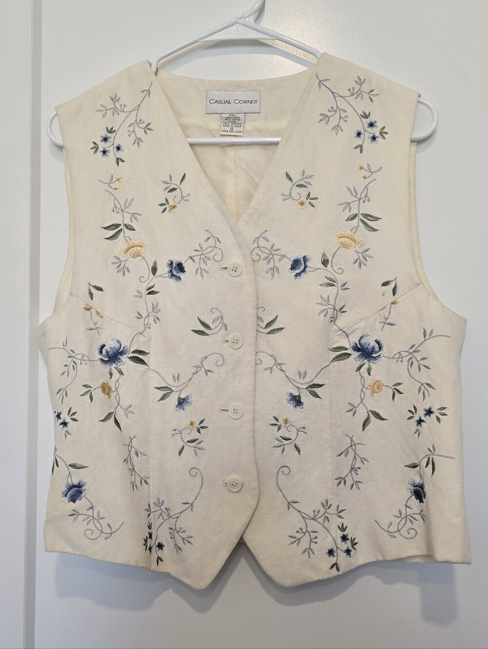 Vtg Casual Corner‎ Vintage Cream Linen Blend Floral Embroidered Vest